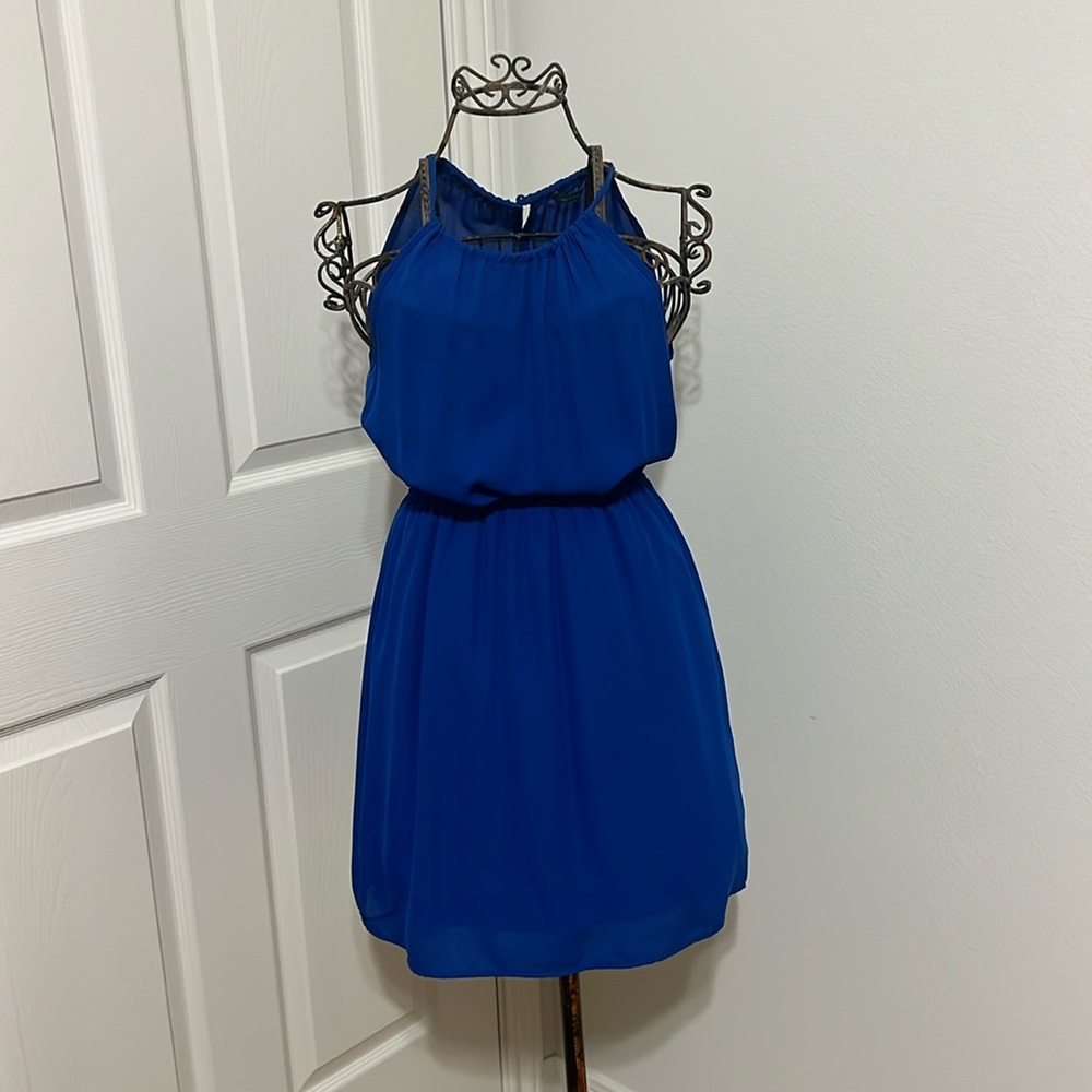 (XS) Soprano Blue Chiffon High Neck Mini Dress